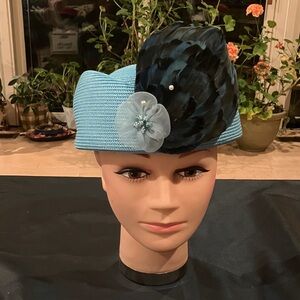 Chic Black and Turquoise Blue Women's Hat with Feather Detail